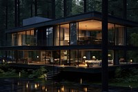 Modern forest house architecture building reflection. 