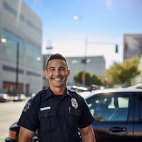photo of police man smiling beside of a blurry police car background.  