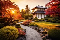 Japanese style house autumn landscape outdoors. 