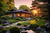 Japanese style house garden pond architecture. 