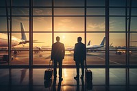 Two business travellers airport standing airplane. 