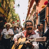 Photo of mexican music band playing in the streets of mexico city.  