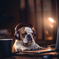 Dog wearing headphones bulldog sitting animal. 