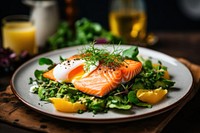 Keto breakfast plate egg salmon. AI generated Image by rawpixel.