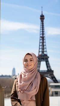 Muslim young adult woman student architecture scarf tower. 