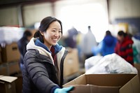 Woman volunteering cardboard smile adult. 