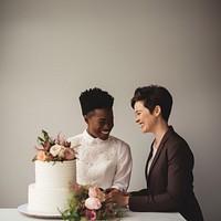 Diversity couple wedding cake dessert. 