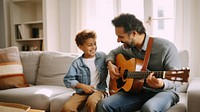 Musician guitar adult child. 