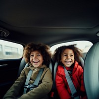 Two diversity kids photography portrait vehicle. AI generated Image by rawpixel.