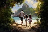 Tropical island family standing vacation outdoors walking. 