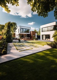 Modern house architecture outdoors backyard. 