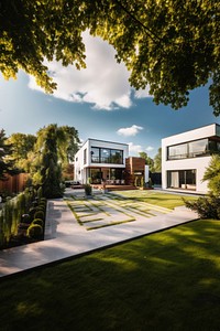 Modern house architecture outdoors backyard. 