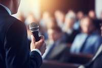 Business conference microphone audience talking. 