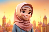 Muslim young girl cartoon spirituality architecture. 