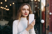 White smartphone selfie adult woman. 