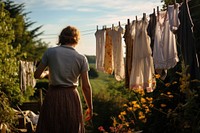Housewife hangs clothes outdoors nature adult. AI generated Image by rawpixel.