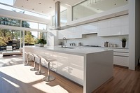 Modern white kitchen furniture plant sink.