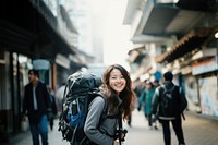 Bag backpack smiling camera. 