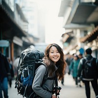 Bag backpack smiling tourist. 