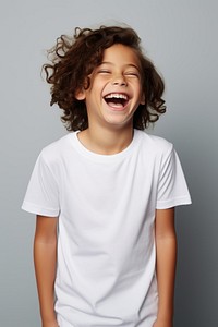 White t-shirt laughing happy excitement. 