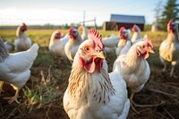 Free-range chickens poultry animal field. 