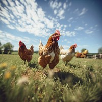 Free-range chickens poultry animal field. 