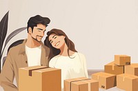 Happy couple moving in together, aesthetic illustration remix