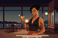 Woman at cocktail bar, aesthetic illustration remix