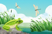 Frog by the lake background, nature, creative paper craft collage