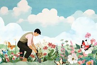 Gardener in flower field background, creative paper craft collage