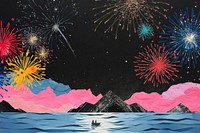 Night celebration fireworks background, creative paper craft collage