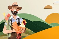 Farmer holding chicken, agriculture, creative paper craft collage