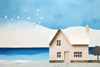 House by the sea background, creative paper craft collage