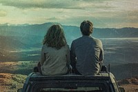 Couple sitting on car, vintage vibes grain design