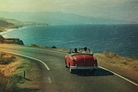 Vintage red car, road trip, vintage vibes grain design