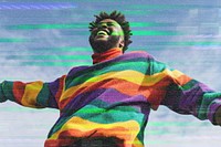 Happy man in colorful sweater, glitch design