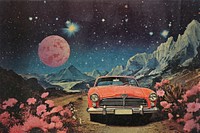 Surreal car in space  image with paper texture effect