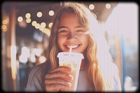 Woman drinking tea with old TV effect