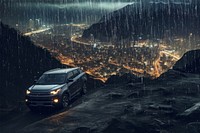 Car driving from city with rain effect