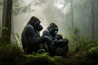Gorilla family with rain effect