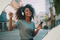 Woman enjoy music, ripped paper design