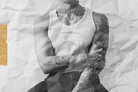 Man wearing tank top   with crumpled paper effect