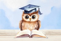 Graduate owl reading a book, watercolor illustration remix