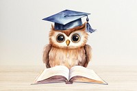 Graduate owl reading a book, watercolor illustration remix