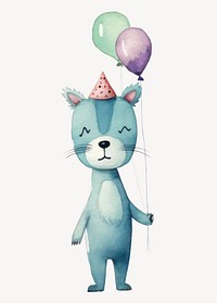 Cat holding balloon, watercolor illustration remix