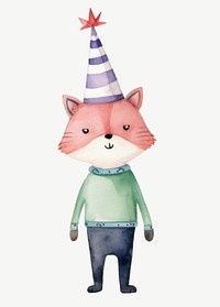 Birthday fox cartoon, watercolor collage element psd