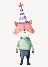 Birthday fox cartoon, watercolor illustration