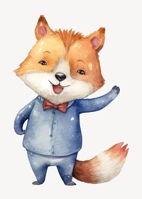 Waiter fox cartoon, watercolor illustration