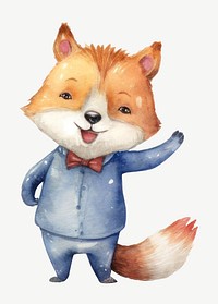 Waiter fox cartoon, watercolor collage element psd