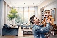 Father playing with toddler son, watercolor illustration remix